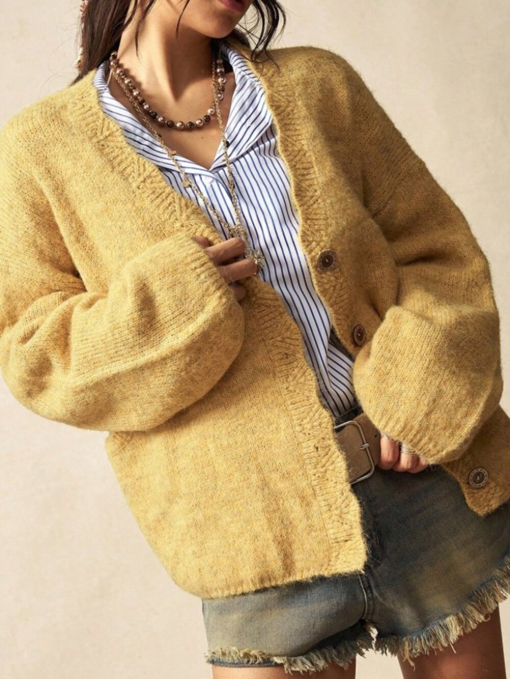 Golden Yellow Knit Cardigan, Loose V-Neck Button Front - Picture 8 of 8